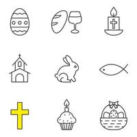 set di icone lineari di Pasqua. pane e vino, candela, pesce, chiesa, uovo di pasqua, torta con candela, coniglio, cestino, croce. simboli di contorno linea sottile. illustrazioni vettoriali isolate