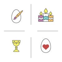 set di icone di colore di Pasqua. candele, calice da chiesa, uova di pasqua con pennello e a forma di cuore. illustrazioni vettoriali isolate