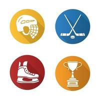 attrezzature da hockey design piatto lunga ombra icone impostate. casco, pattino da ghiaccio, bastoncini, premio del vincitore. illustrazione vettoriale silhouette
