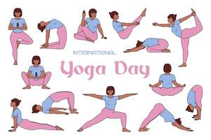 ragazze eseguire yoga pose e esercizi per Salute e rilassamento. internazionale yoga giorno icone nel piatto stile. illustrazione isolato su bianca sfondo. vettore