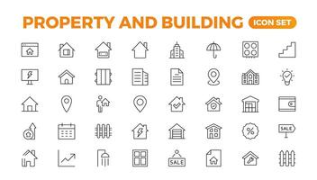 impostato di linea icone relazionato per vero proprietà, proprietà, acquisto, affitto, Casa, casa. schema icona collezione. illustrazione. vero tenuta grande ui impostato nel un' piatto design. magro schema pacchetto. vettore