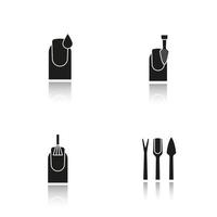 set di icone nere ombra nera per manicure. smalto per unghie, spingi cuticole, rifinitore ed esfoliante. unghie con goccia di smalto e pennello. illustrazioni vettoriali isolate