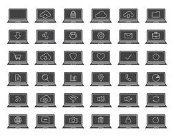 set di icone del glifo di laptop. simboli di sagoma. laptop con connessione wifi, cloud computing, utenti, protezione, documento, cartella, impostazioni. illustrazione vettoriale isolato