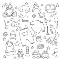 impostato di linea carino boho bambino oggetti nel scandinavo stile. cartone animato schema scarabocchio bambini clipart per bambino doccia invito carta, asilo camera arredamento, manifesto. vettore