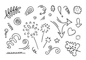 foglie, cuori, astratto, nastri, frecce e altro elementi nel mano disegnato stili per concetto disegni. scarabocchio illustrazione. modello per decorazione vettore