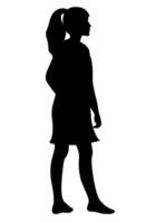 ragazza con in piedi posa icona silhouette. adolescente donne con coda di cavallo capelli stile. logo emblema design divertente infantile arte contorno vettore