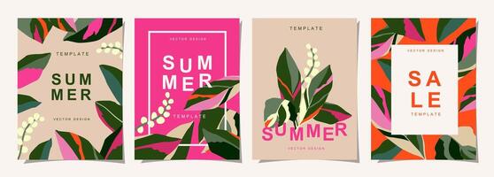 tropicali modello impostato per manifesto, coperchio, carta, etichetta, bandiera nel moderno minimalista stile e semplice estate design modelli con tropicale foglie, fiore. vettore