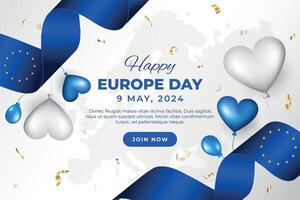 contento Europa giorno 9 ° Maggio. ondulato nastro bandiera su bianca sfondo. contento Europa indipendenza giorno bandiera con palloncini e bandiere vettore