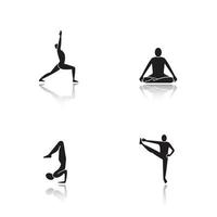 asana yoga ombra nera set di icone. posizioni yoga virabhadrasana, siddhasana, vrishchikasana, utthita hasta padangusthasana. illustrazioni vettoriali isolate