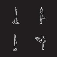 set di icone di gesso asana yoga. sarvangasana, vrikshasana, salamba sirsasana, utthita hasta padangusthasana posizioni yoga. illustrazioni di lavagna vettoriali isolate