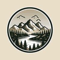 montagna foresta e fiume logo design distintivo vettore
