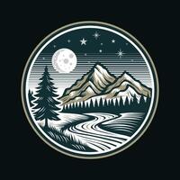 montagna foresta e fiume a notte logo design distintivo vettore