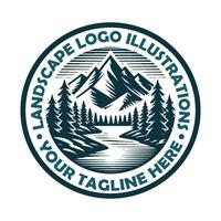 montagna foresta e fiume logo design distintivo vettore