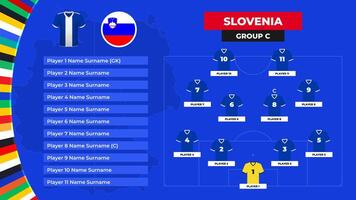 allineare di il slovenia nazionale calcio squadra. maglietta e bandiera. calcio campo con il formazione di slovenia Giocatori a il europeo torneo 2024. vettore