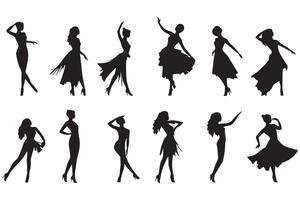 nero silhouette di danza ragazze su bianca sfondo vettore