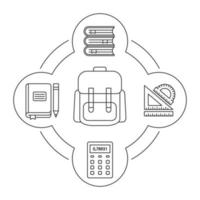 set di icone lineari del contenuto dello zaino dell'allievo. libri di testo scolastici, righelli, calcolatrice, quaderno con matita. illustrazioni vettoriali isolate