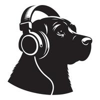 cane nel cuffie ascoltando per musica, nero colore silhouette vettore