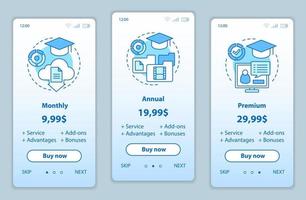 prezzi dei corsi online a bordo delle schermate delle app mobili. modelli vettoriali di pagine del sito Web dettagliate. piani tariffari mensili, annuali, premium. abbonamento, pagamento dell'abbonamento layout della pagina web dello smartphone