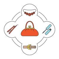 set di icone di colore del contenuto della borsa da donna. lucidalabbra, piastra per capelli, cintura in pelle, collana. illustrazioni vettoriali isolate