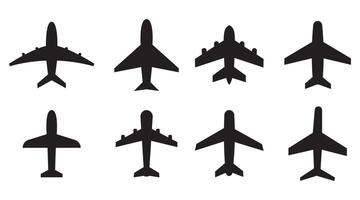 aereo icona impostare, velivoli nero piatto stile, volo trasporto simbolo. viaggio illustrazione. piatto icona per applicazioni e siti web vettore