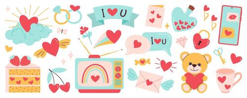 san valentino giorno elementi impostare. tv, anelli, cuore, torta, orso, Busta, dolce, Telefono, nube, caramella e altri decorazioni. cartone animato stile nozze e amore concetto Perfetto per adesivi, saluto carte. vettore