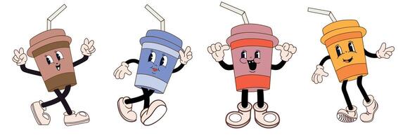 retrò cartone animato impostato di divertente latte macchiato caffè personaggi nel Groovy stile, carino mascotte. Vintage ▾ caffè illustrazione. nostalgia per il anni '60, anni '70, anni 80. vettore