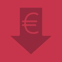 icona del colore del glifo in caduta del tasso dell'euro. simbolo di sagoma. valuta dell'Unione europea con freccia in giù. spazio negativo. illustrazione vettoriale isolato