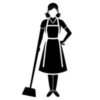 un' addetto alle pulizie donna meticolosamente pulizia il camera piatto stile silhouette vettore