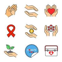 set di icone di colore di beneficenza. aiutando le mani, dona ora adesivo, risparmio di terra, inverdimento, scatola per trapianti di organi, nastro anti hiv. illustrazioni vettoriali isolate