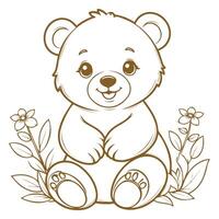 carino bambino orso seduta accanto fiori linea arte illustrazione vettore