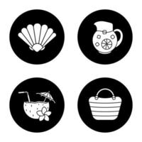 set di icone estive. conchiglia, caraffa per limonata, borsa da spiaggia e cocktail. illustrazioni vettoriali di sagome bianche in cerchi neri