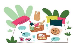 picnic coperta con cibo, illustrazione di estate pranzo fuori, di vimini cestino con vino e frutta, mano disegnato composizione, godendo pasto all'aperto, mangiare nel parco a primavera vettore
