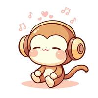 kawaii carino scimmia ascoltando per musica vettore