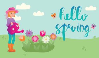 Ciao primavera illustrazione. stagione lettering con ragazza con irrigazione Potere. ragazza irrigazione fiori. bandiera nel cartone animato stile. vettore