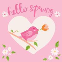 Ciao primavera mano disegnato illustrazione. stagione lettering con uccello Tenere e un' fiore. manifesto nel piatto stile. vettore
