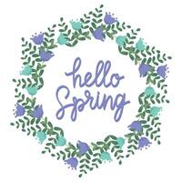 mano disegnato lettering Ciao primavera carta con decorativo floreale telaio, illustrazione per saluto carta, invito modello. retrò, Vintage ▾ lettering striscione, manifesto, sfondo. vettore