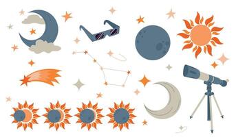 solare eclisse impostare, astronomia concetto. illustrazione di solare eclisse stadi, Luna, sole, telescopio isolato su bianca sfondo. design elemento per progetto, striscione, invito. vettore