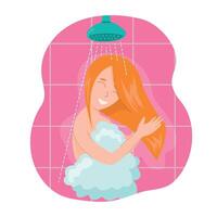 giovane bella donna cartone animato personaggio assunzione doccia con bolla per igiene e bellezza sensazione positivo. illustrazione nel piatto stile vettore