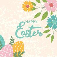 contento Pasqua striscione, manifesto, saluto carta. di moda Pasqua design con scritte, fiori, uova, nel pastello colori con struttura su sfondo. piatto illustrazione. vettore