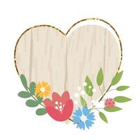 di legno cuore cartello elemento con fiori. legna asse, telaio, distintivo, etichetta, scudo, cartello collezione. Marrone sfondo per il tuo testo. illustrazione. vettore