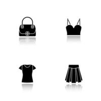 accessori donna ombra nera set di icone. borsa, top, gonna, t-shirt. illustrazioni vettoriali isolate