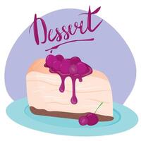 gustoso torta di formaggio con ciliegia su piatto. delizioso dolce. illustrazione con scritta. cartolina, manifesto, striscione. illustrazione per menù o volantino. vettore