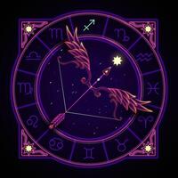 Sagittario zodiaco cartello rappresentato di un' piuma arco di per sparare un freccia. neon oroscopo simbolo nel cerchio con altro astrologia segni imposta intorno a. vettore