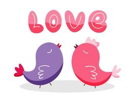 concetto di san valentino con simpatici uccelli e l'iscrizione amore. illustrazione disegnata a mano del fiore di saluto di vettore