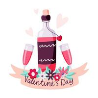 bottiglia di vino e bicchieri con un drink. concetto di San Valentino. illustrazione disegnata a mano di vettore. vettore