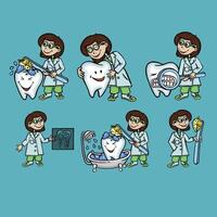 dentale impostato con dentista cartone animato stile vettore