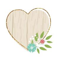 di legno cuore cartello elemento con fiori. legna asse, telaio, distintivo, etichetta, scudo, cartello collezione. Marrone sfondo per il tuo testo. illustrazione. vettore