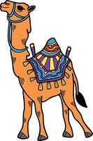 un' cammello è in piedi con un' sella su suo indietro vettore