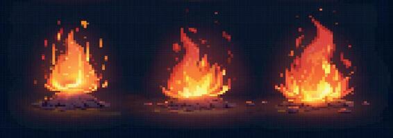 pixel arte fuoco. rosso esplosione e falò, ardente fuoco di bivacco con fiamma, accensioni e scintille su buio notte sfondo. 8 po pixel anni 80, anni 90 gioco vettore