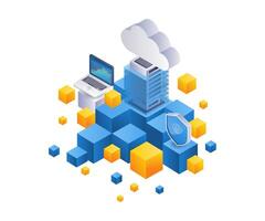 blockchain analisi nube server tecnologia piatto isometrico illustrazione vettore